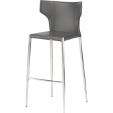 Wayne Bar Stool in Dark Grey Leather on Brushed Stainless Base